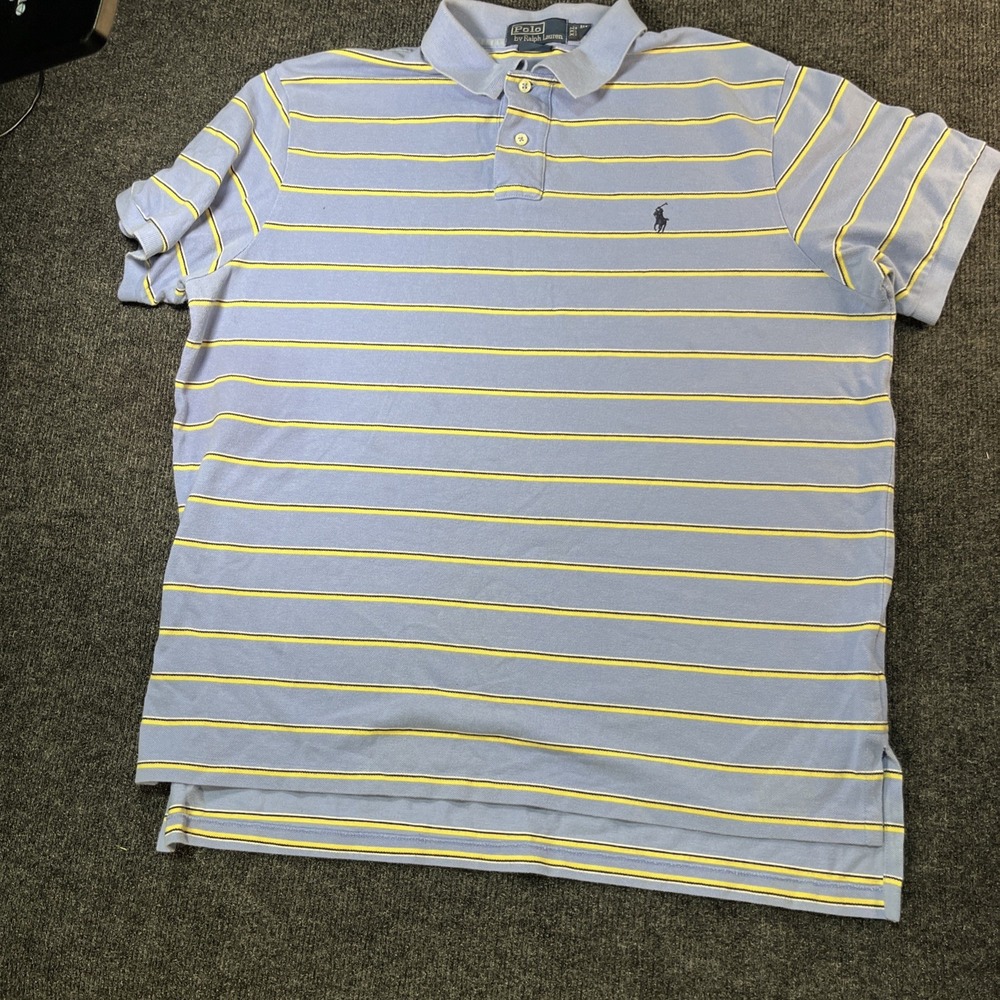 Polo Ralph Lauren Mens XXL Blue Yellow Striped Short Sleeve Pique Polo Shirt